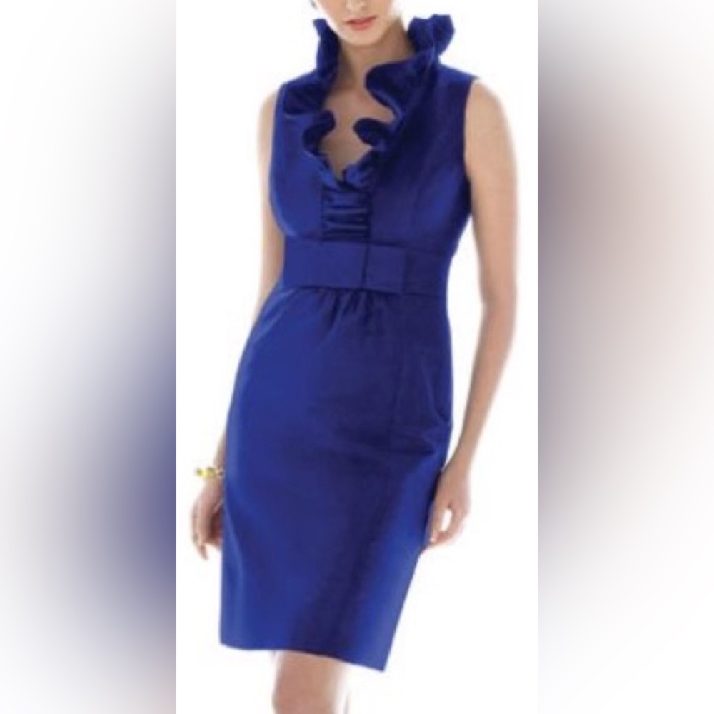 NWT Alfred Sung Sz 16 Ruffled Collar Deep V-neck Formal Dress Electric Blue